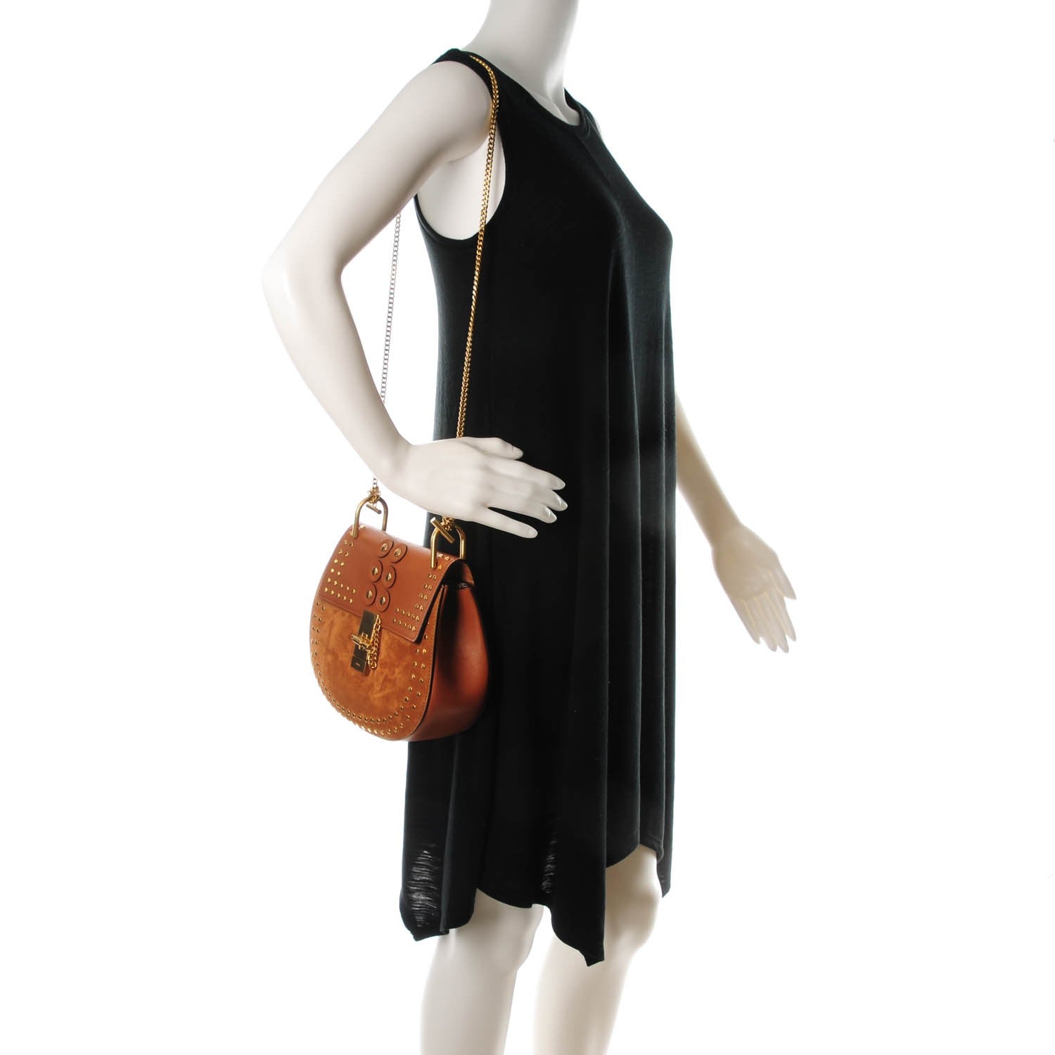 Chloe Suede Smooth Calfskin Studded Drew Shoulder Bag Caramel 2 of 7