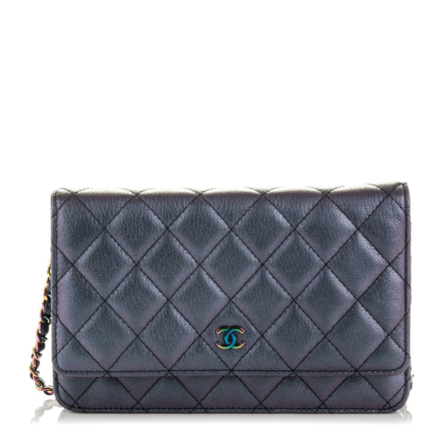 Iridescent Goatskin Quilted Wallet On Chain WOC Purple