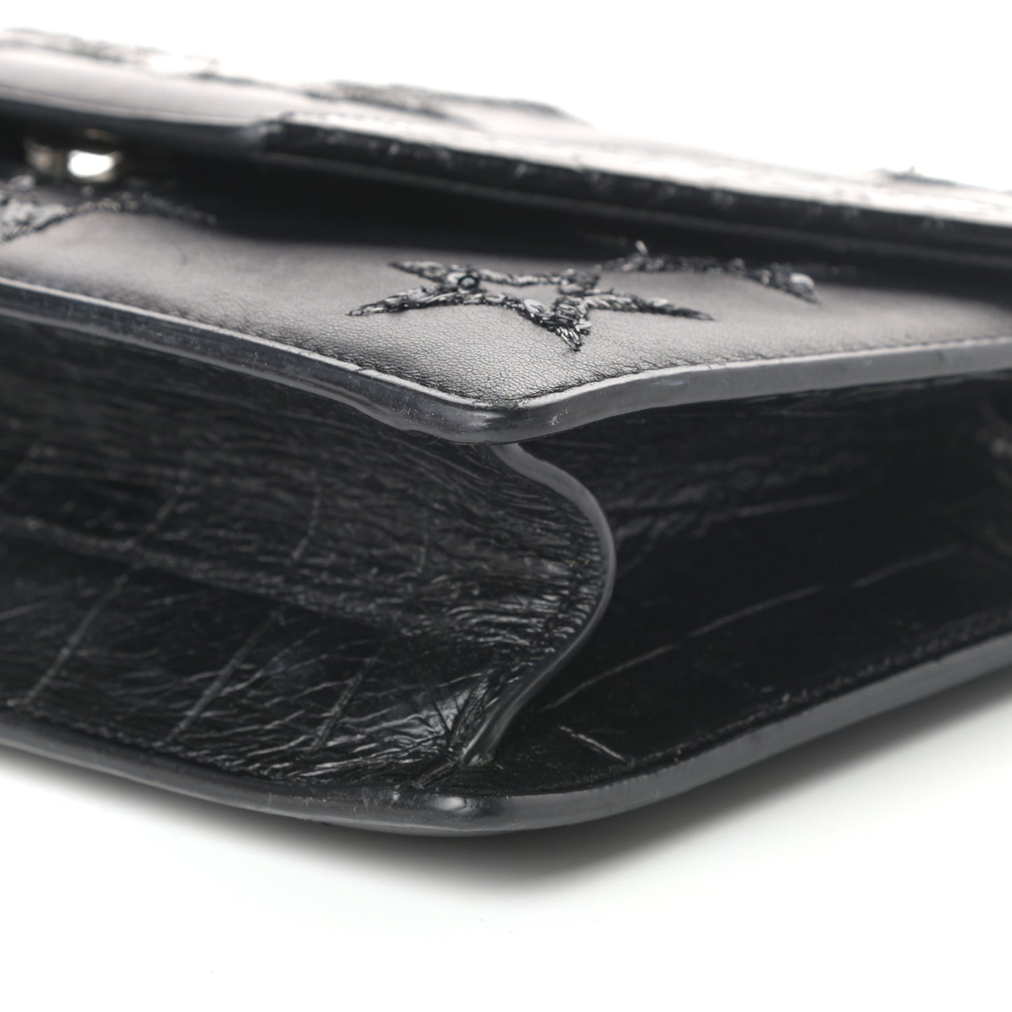 Calfskin Star Embroidered Crocodile Embossed Small Betty Black