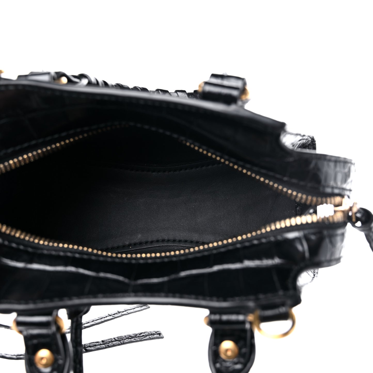 Shiny Supple Calfskin Crocodile Embossed Neo Classic Gold Hardware Nano City Crossbody Black