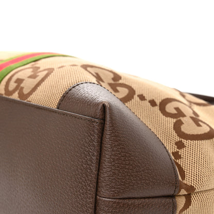 Gucci Monogram Jumbo GG Textured Dollar Calfskin Web Medium Ophidia Shopping Tote Camel Ebony 11 of 15