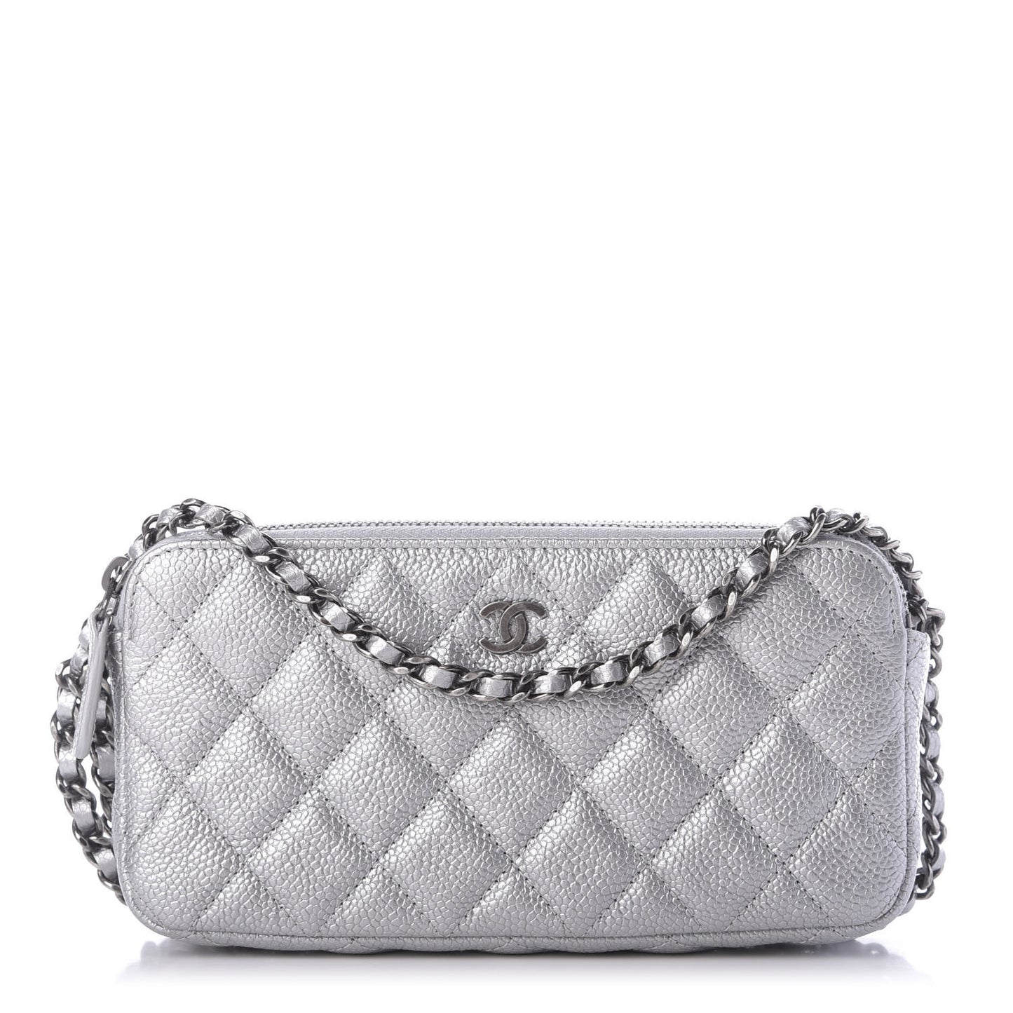Metallic Caviar Quilted Small Clutch With Chain Silver