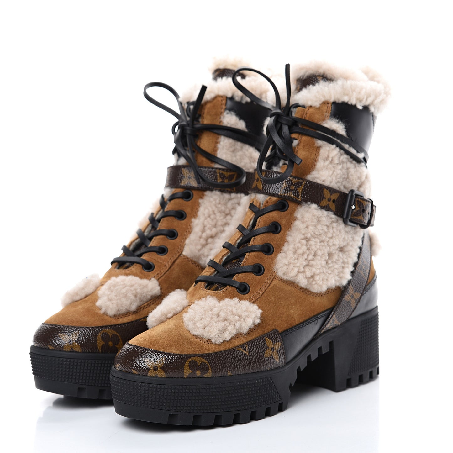 Suede Calfskin Shearling Monogram Laureate Platform Desert Boots 37 Cognac
