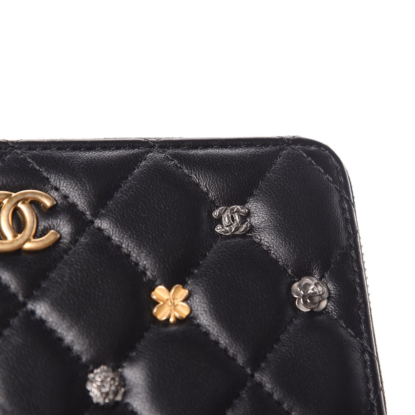 Lambskin Quilted Small Lucky Charms Zip Around Wallet Black