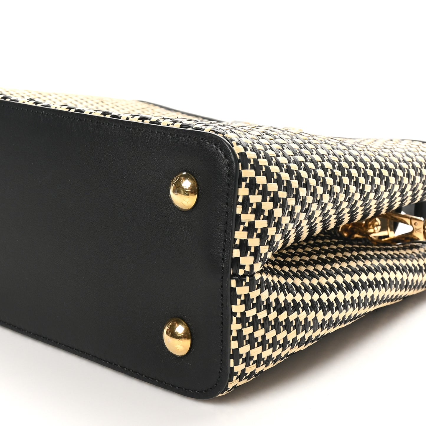 Raffia Calfskin Capucines MM Black Ecru