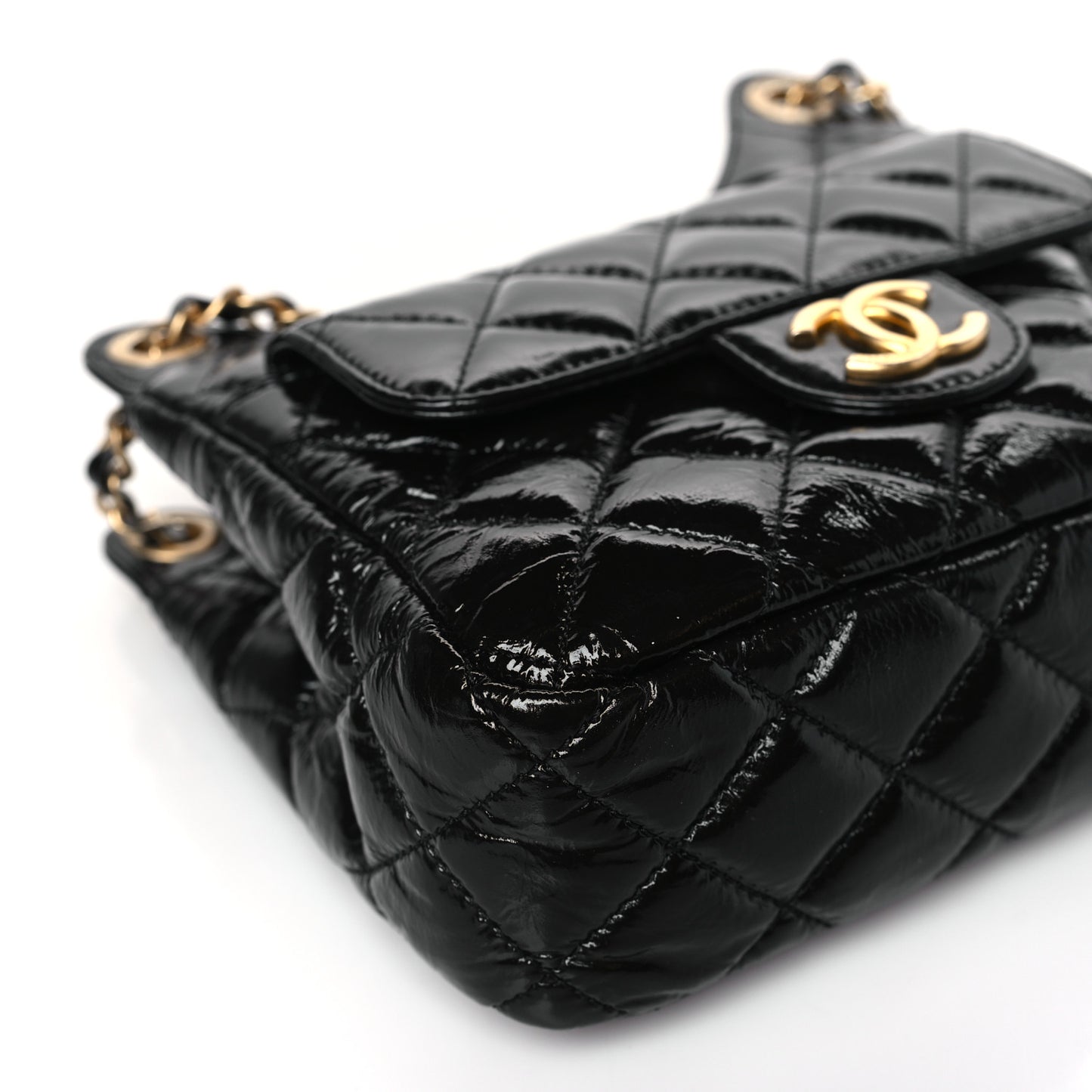 Shiny Crumpled Calfskin Quilted Small Wavy CC Hobo Black