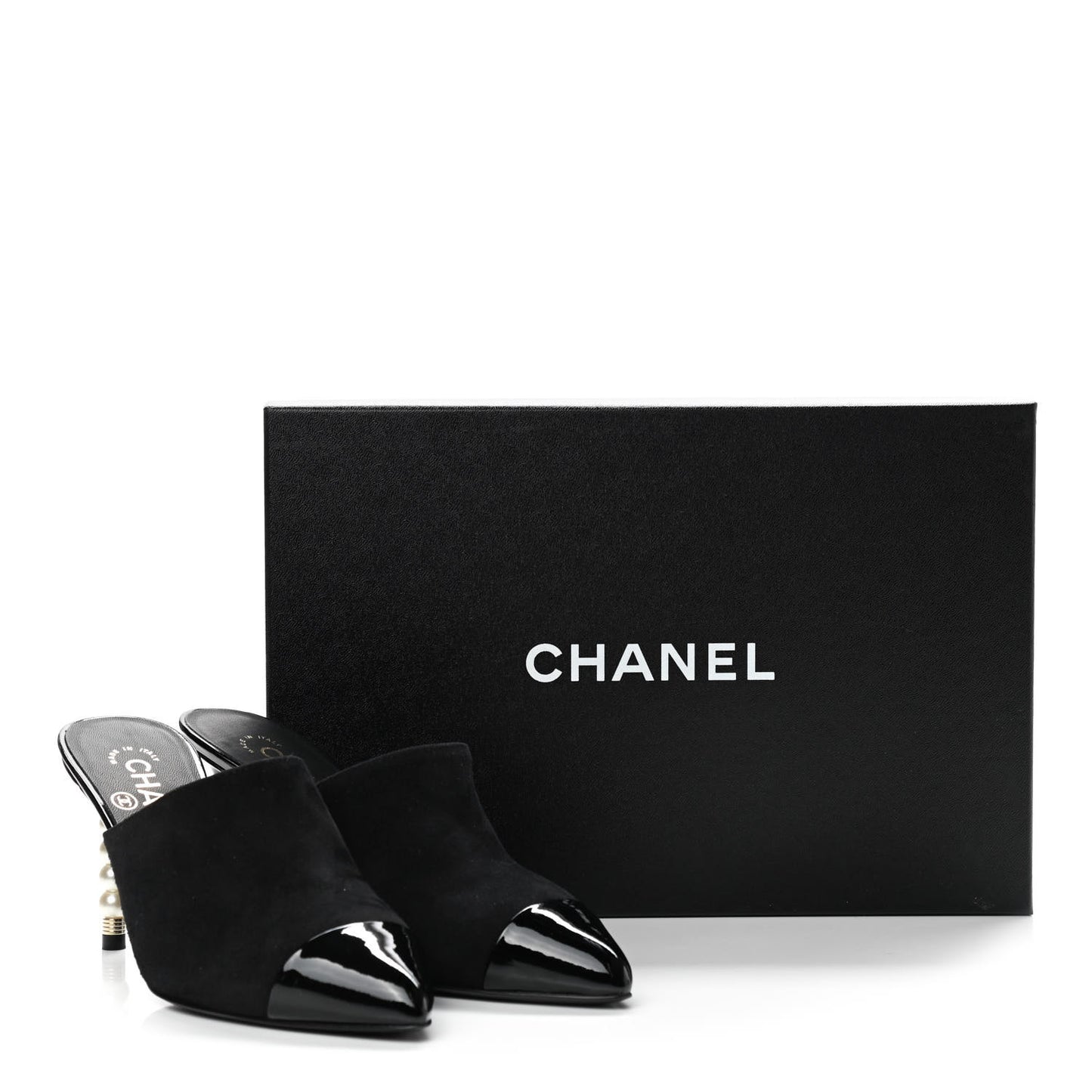 Suede Patent Calfskin Cap Toe Pearl Mule 36 Black
