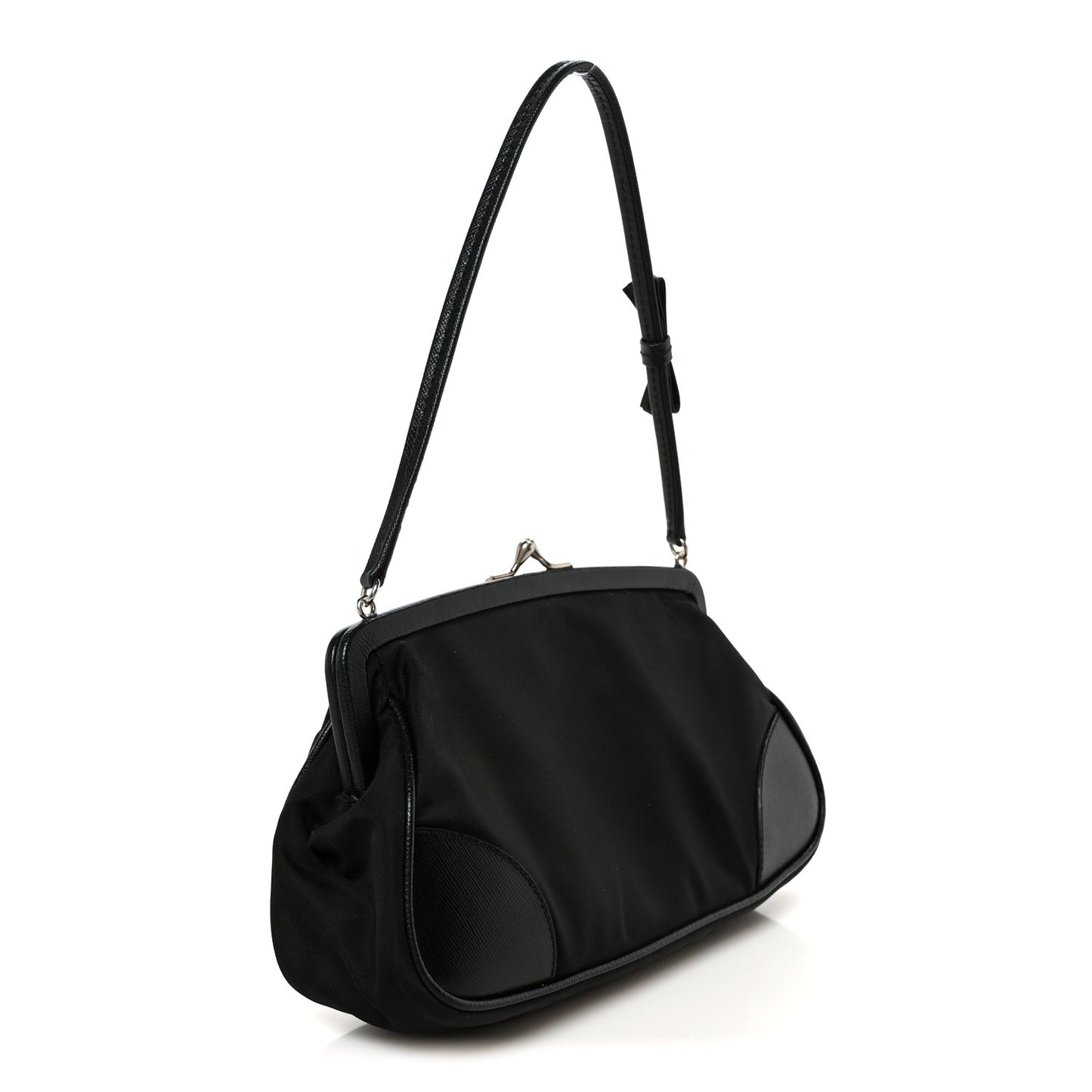 Tessuto Nylon Saffiano Kisslock Shoulder Bag Black