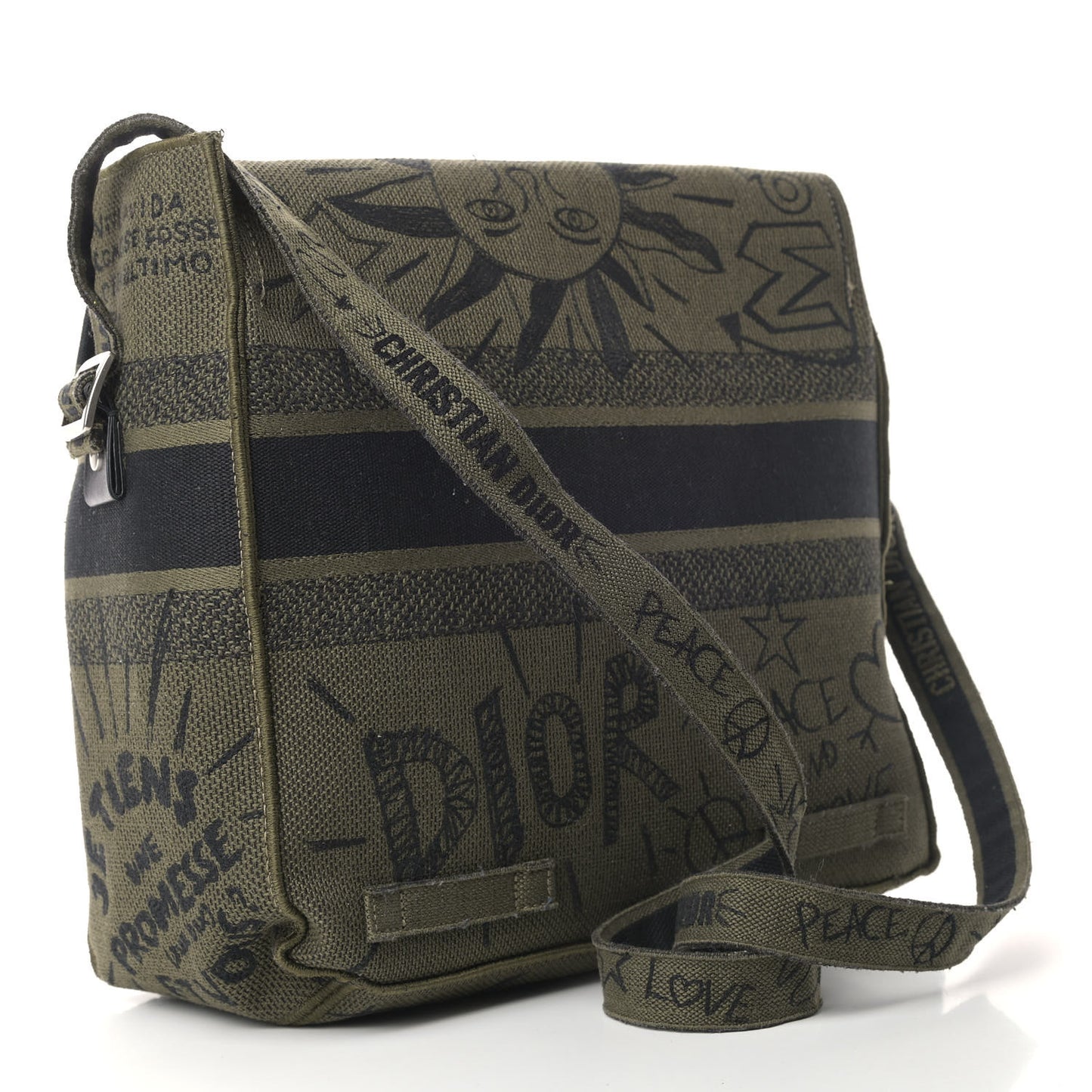 Canvas Embroidered Graffiti Diorcamp Messenger Green Black