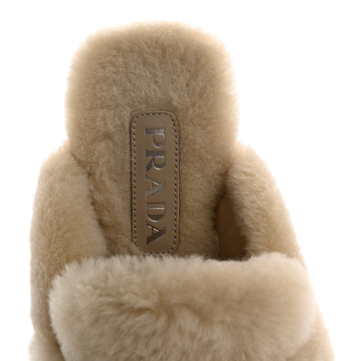Prada Shearling Metal Triangle Logo Loafer Mules 37 Beige 7 of 9