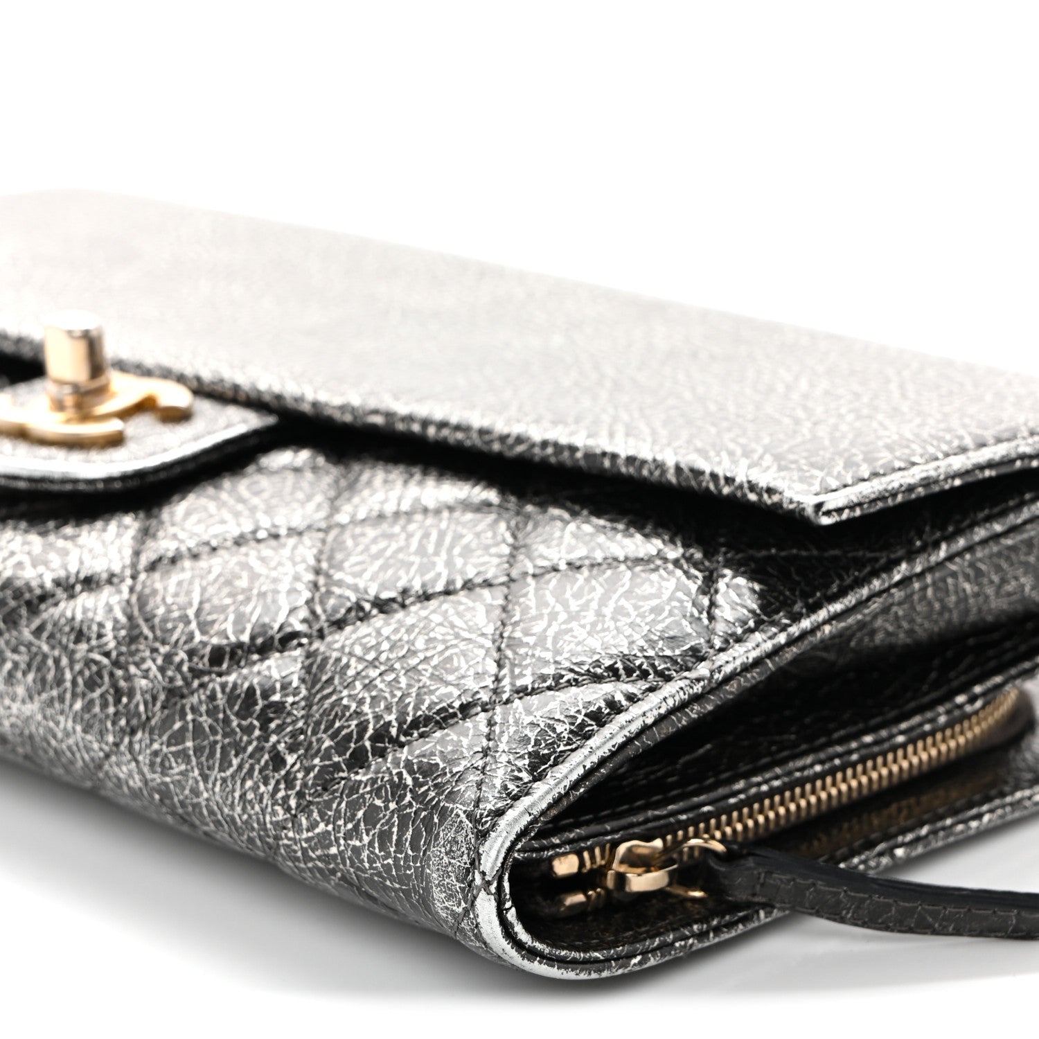 Chanel Cracked Metallic Calfskin Quilted Zip Away Chain Clutch Dark Silver 9 of 9
