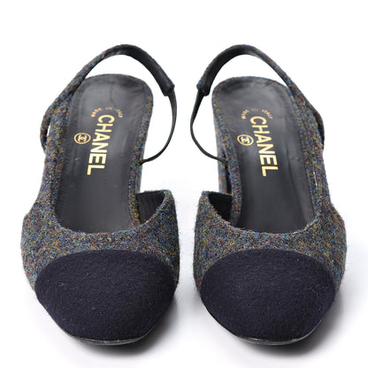 Chanel Wool Cap Toe CC Slingback Pumps 39.5 Black Dark Grey 2 of 10