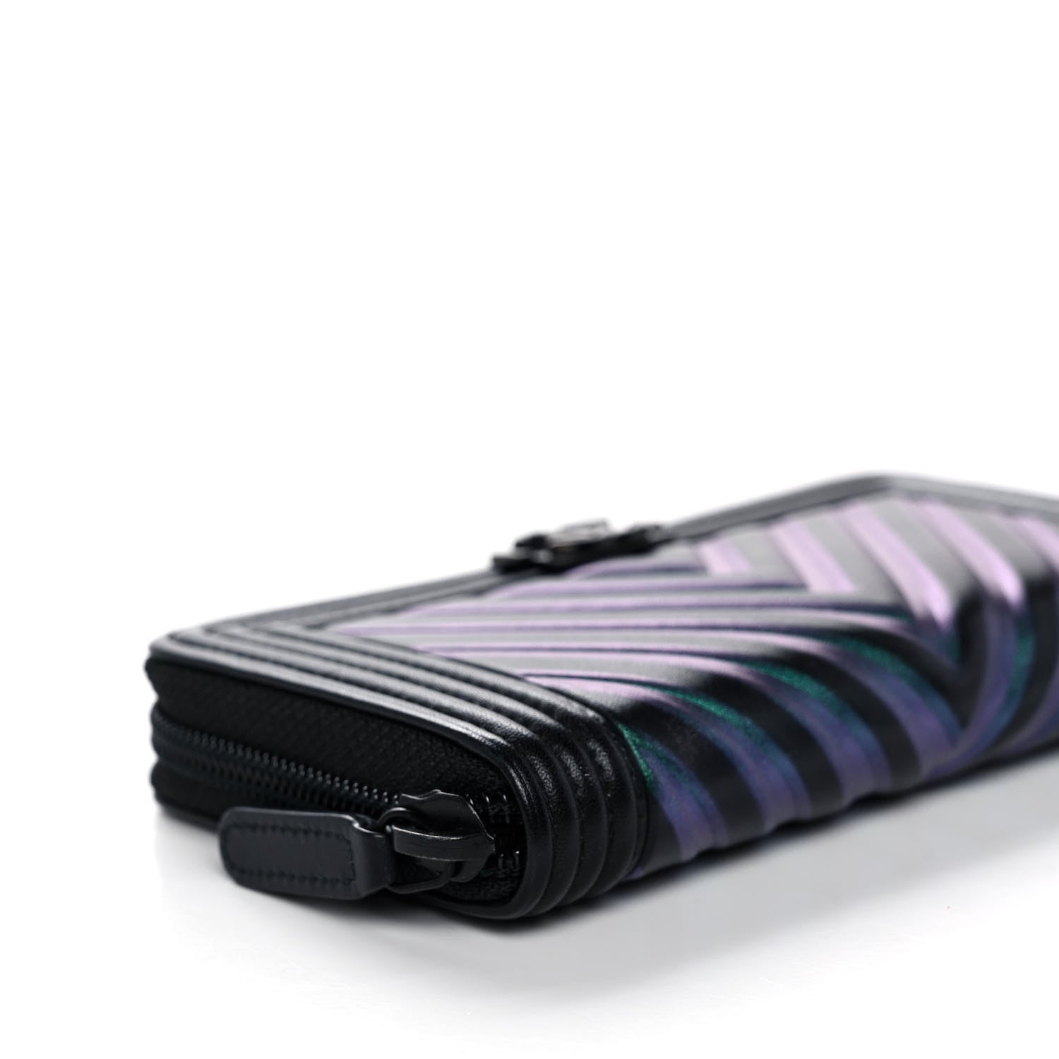 Chanel Calfskin Painted Chevron Embossed Small Boy Zip Wallet Black 10 of 14