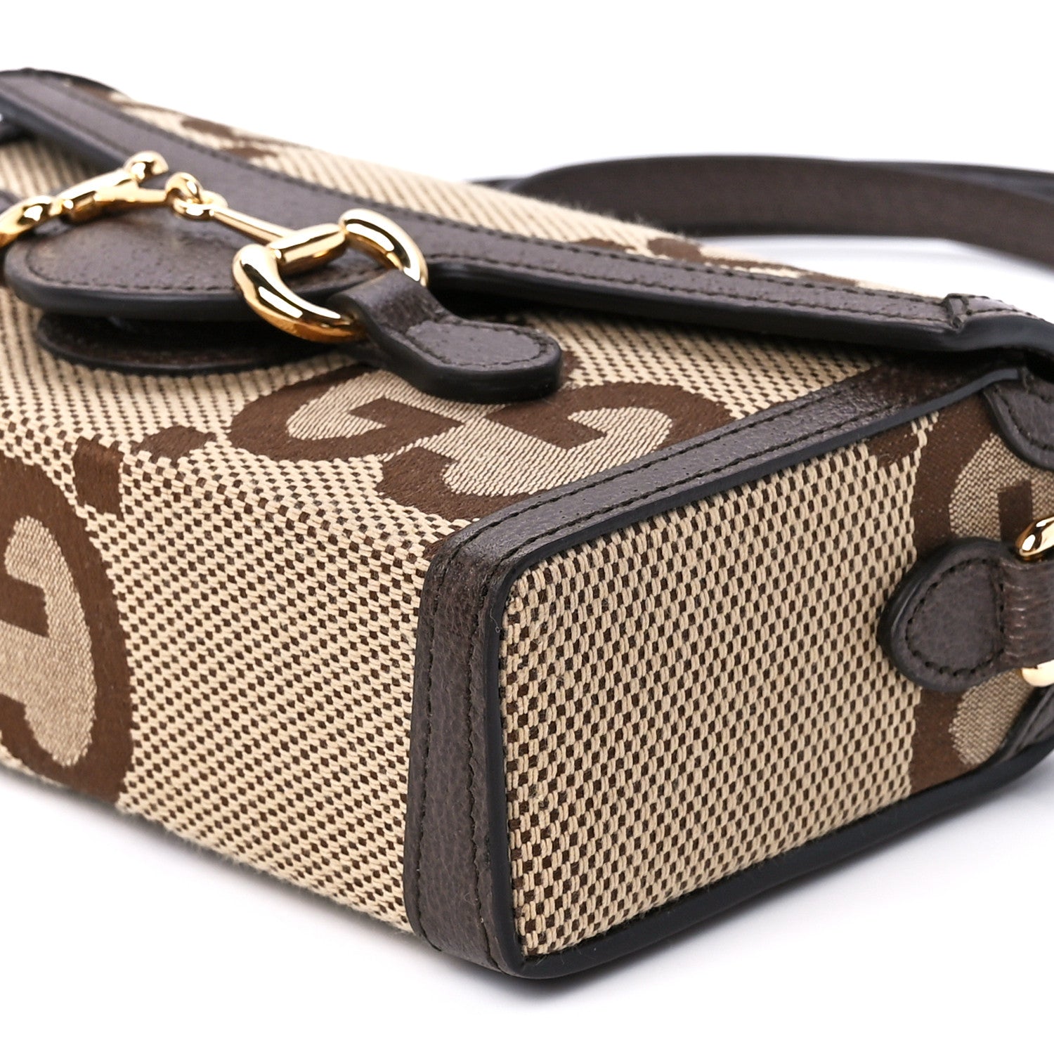 Gucci Monogram Jumbo GG Textured Dollar Calfskin Mini Horsebit 1955 Shoulder Bag Camel Ebony New Acero 10 of 12