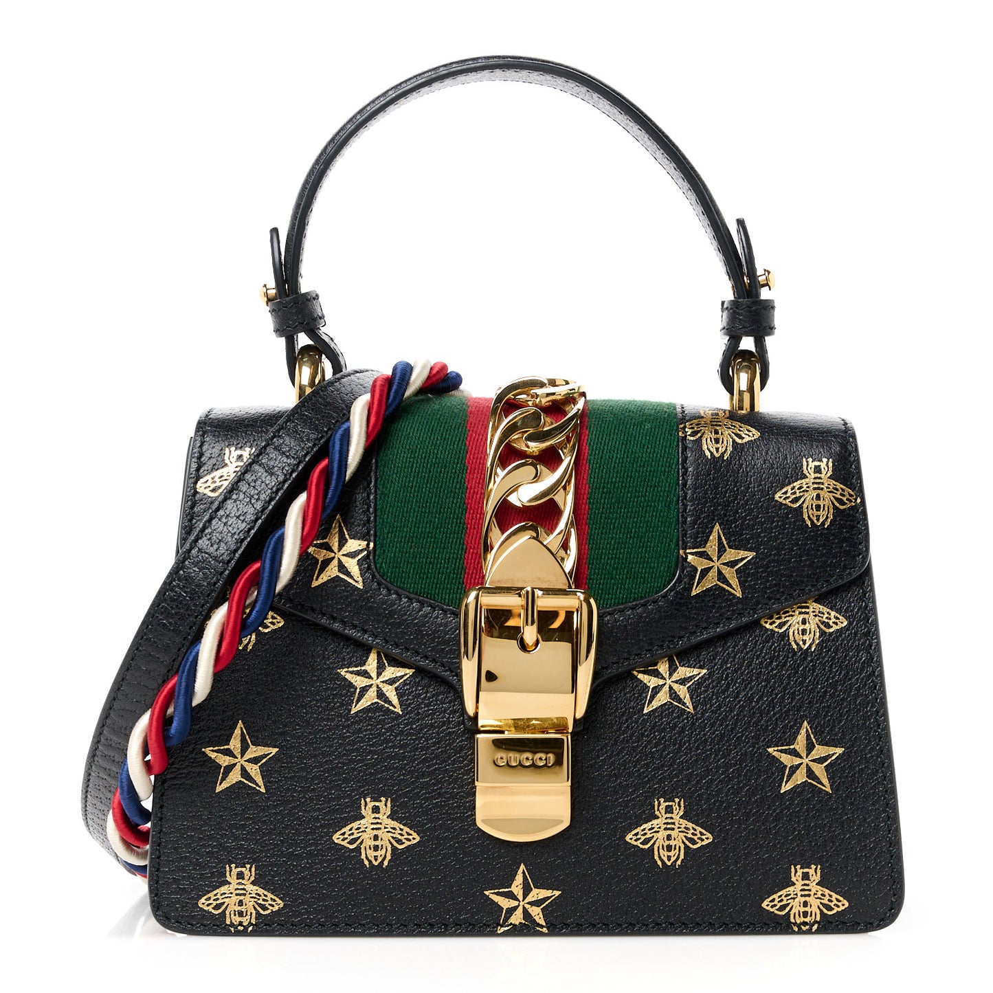 Textured Calfskin Bee Star Print Mini Sylvie Top Handle Bag Black