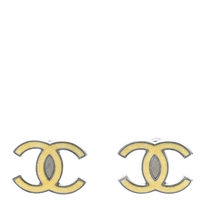 Chanel Enamel Glitter CC Earrings Silver Yellow 1 of 5