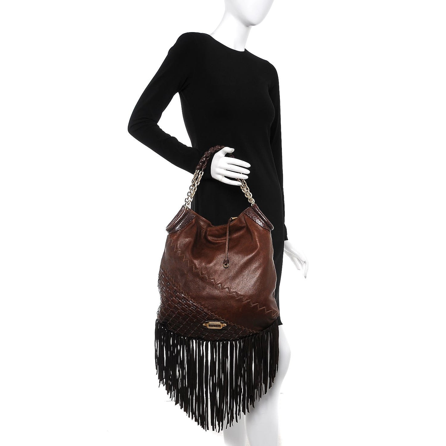 Python Calfskin Fringe Tatum Shopper Tote Brown