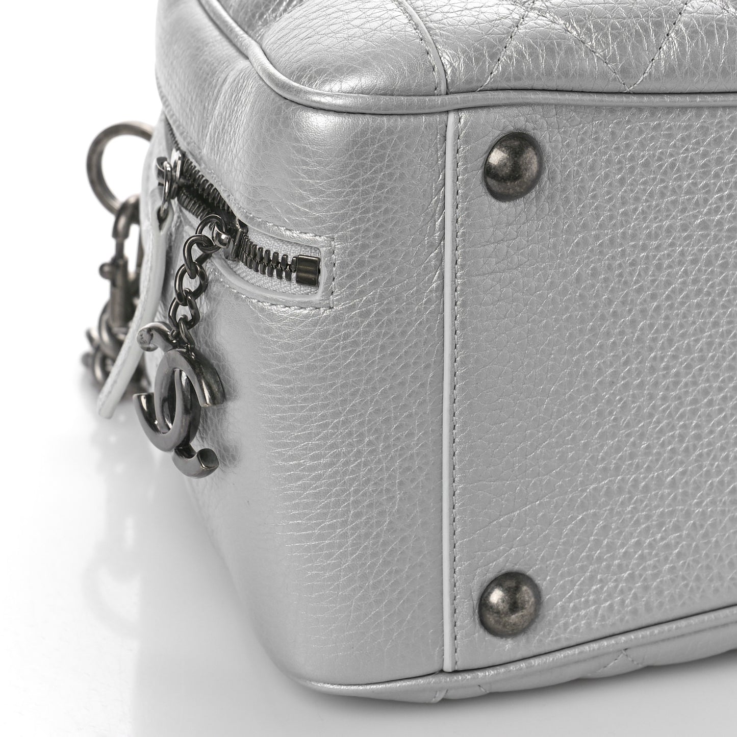 Metallic Calfskin Quilted Medium Airlines Round Trip Bowling Bag Silver Silver