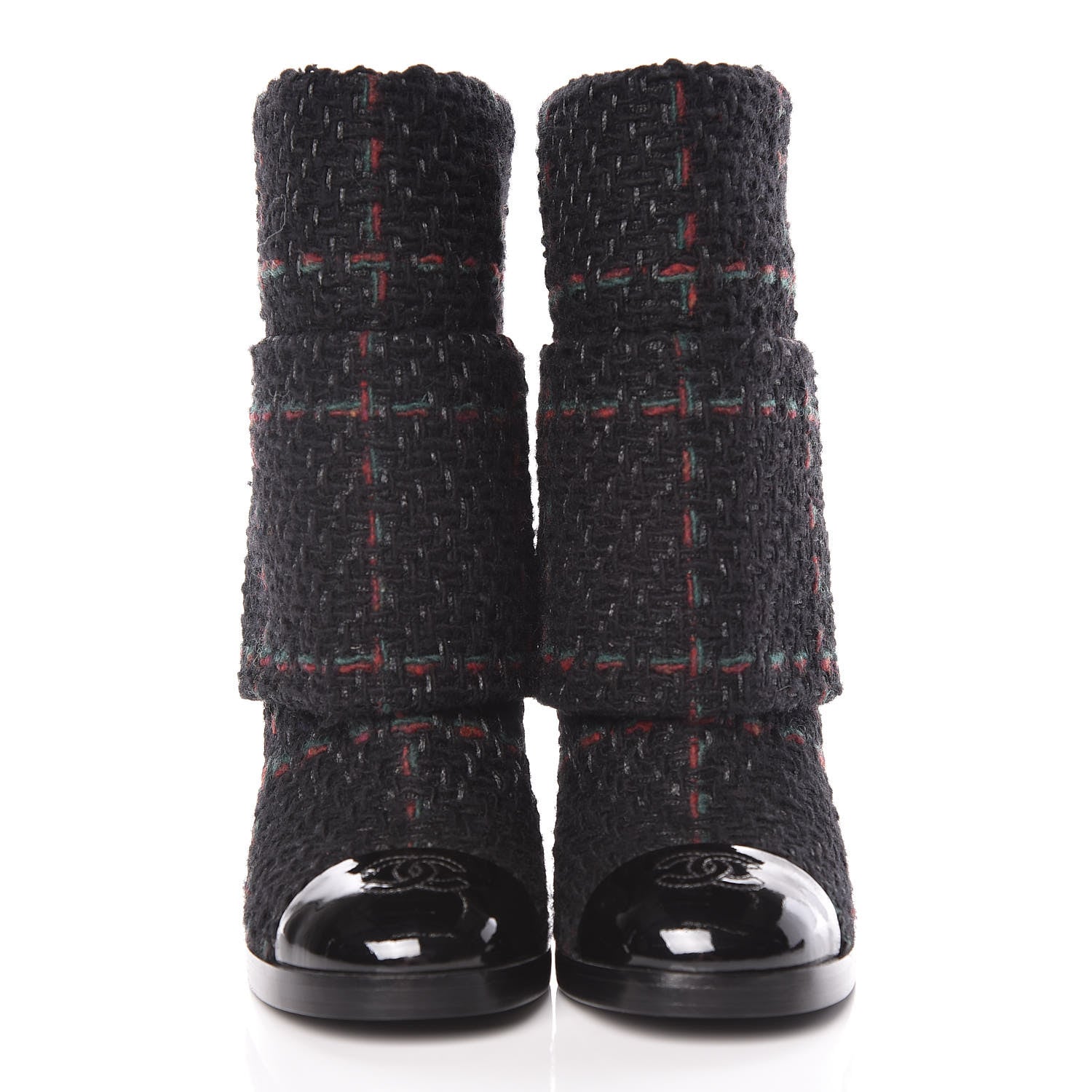 Chanel Tweed Patent CC Cap Toe Fold Over Boots 38 Black 2 of 9