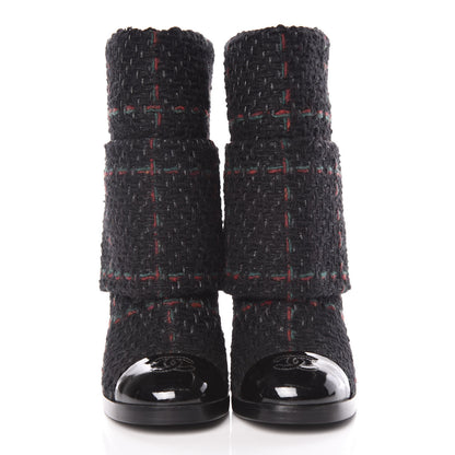 Chanel Tweed Patent CC Cap Toe Fold Over Boots 38 Black 2 of 9