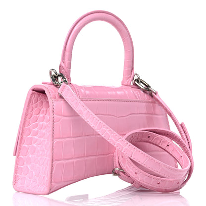 Balenciaga Shiny Calfskin Crocodile Embossed Hourglass Top Handle Bag XS Candy Pink 3 of 14