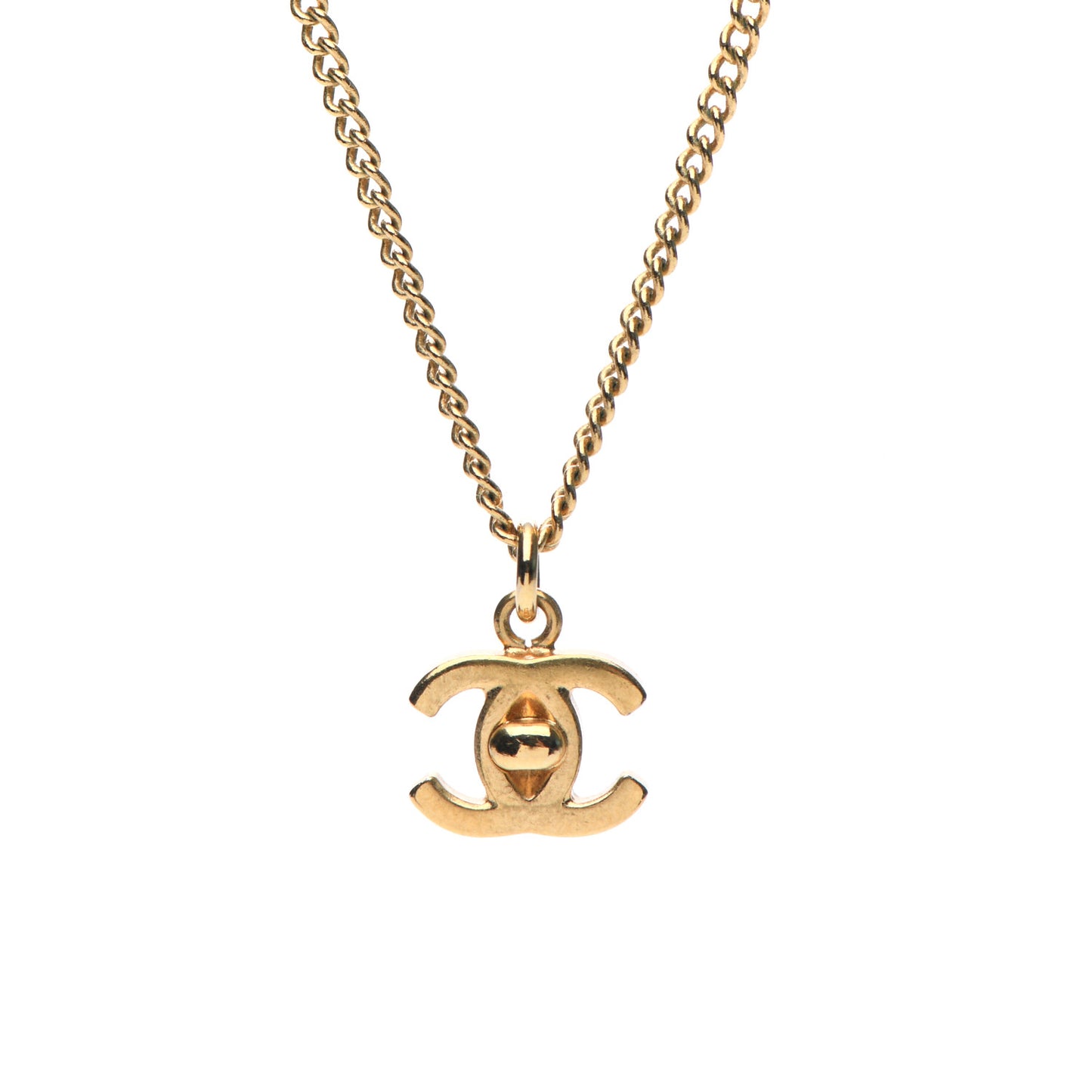 Chain Link CC Turn Lock Pendant Necklace Gold