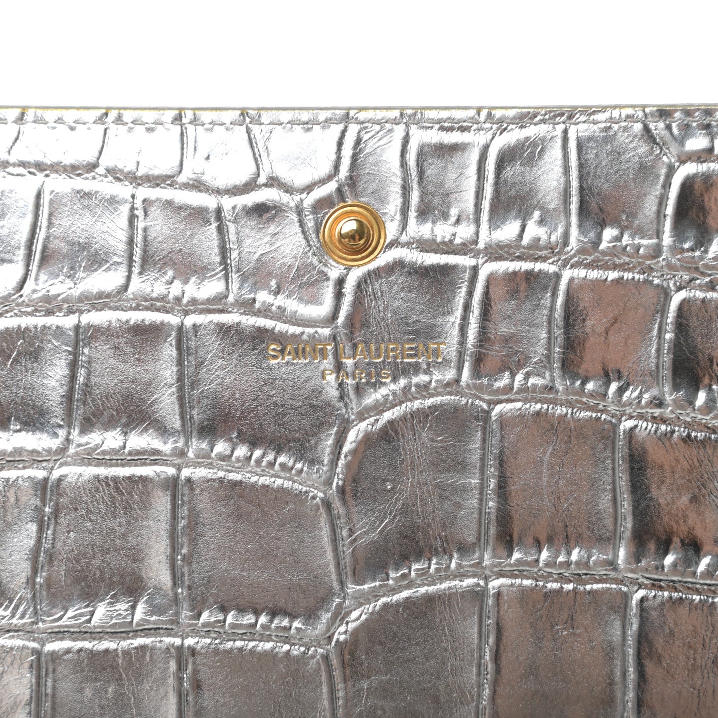 Calfskin Crocodile Embossed Monogram Chain Wallet Argento
