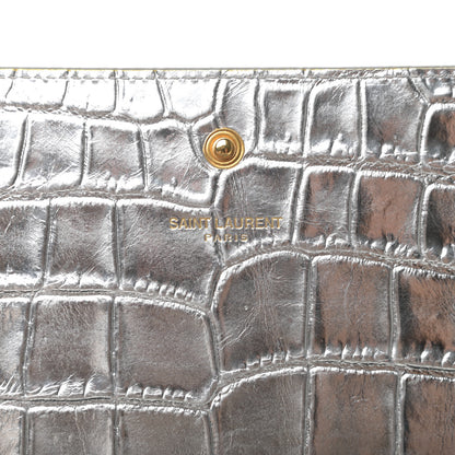 Saint Laurent Calfskin Crocodile Embossed Monogram Chain Wallet Argento 6 of 10