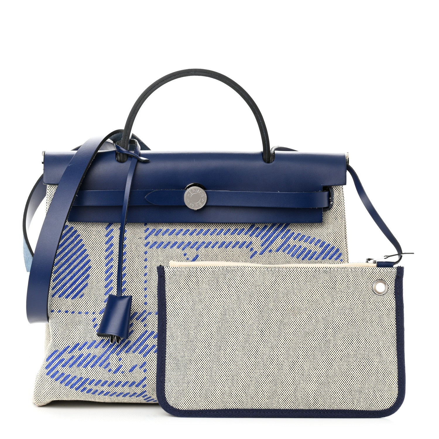 Hermes Vache Hunter Toile H Brides de Gala Herbag Zip Retourne 31 PM Bleu De France Ecru Black 1 of 11