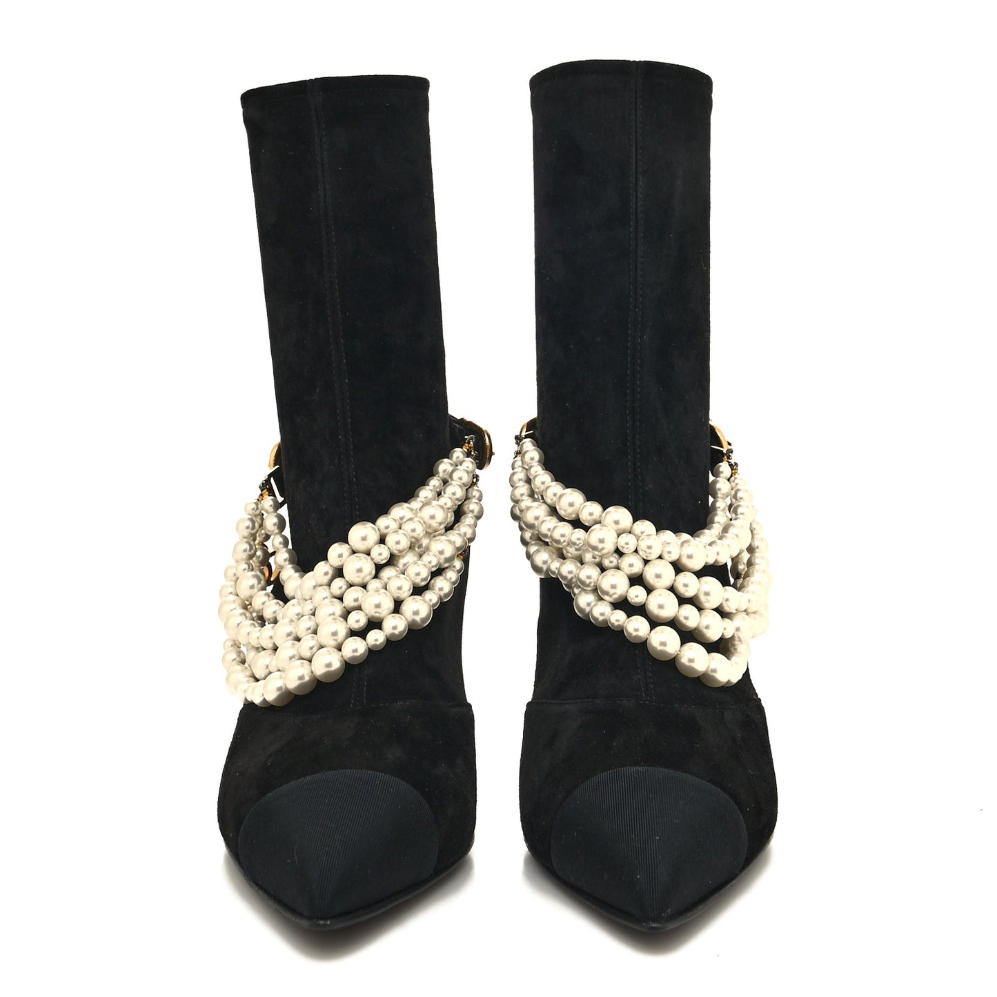 Stretch Suede Calfskin Grosgrain Pearl Multi Strand Cap Toe Ankle Boots 37 Black