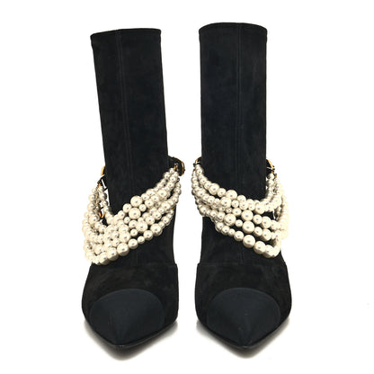 Chanel Stretch Suede Calfskin Grosgrain Pearl Multi Strand Cap Toe Ankle Boots 37 Black 2 of 7