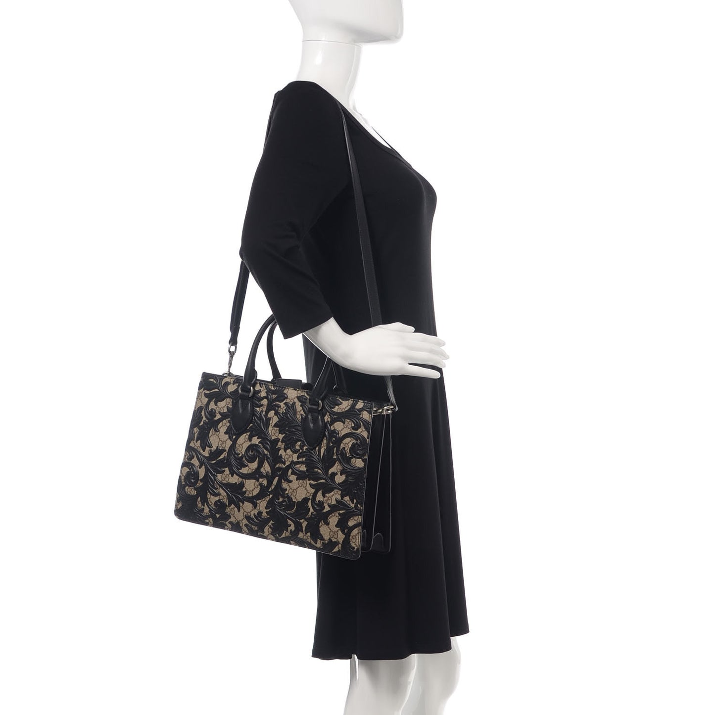 GG Supreme Monogram Arabesque Small Top Handle Bag Beige Black