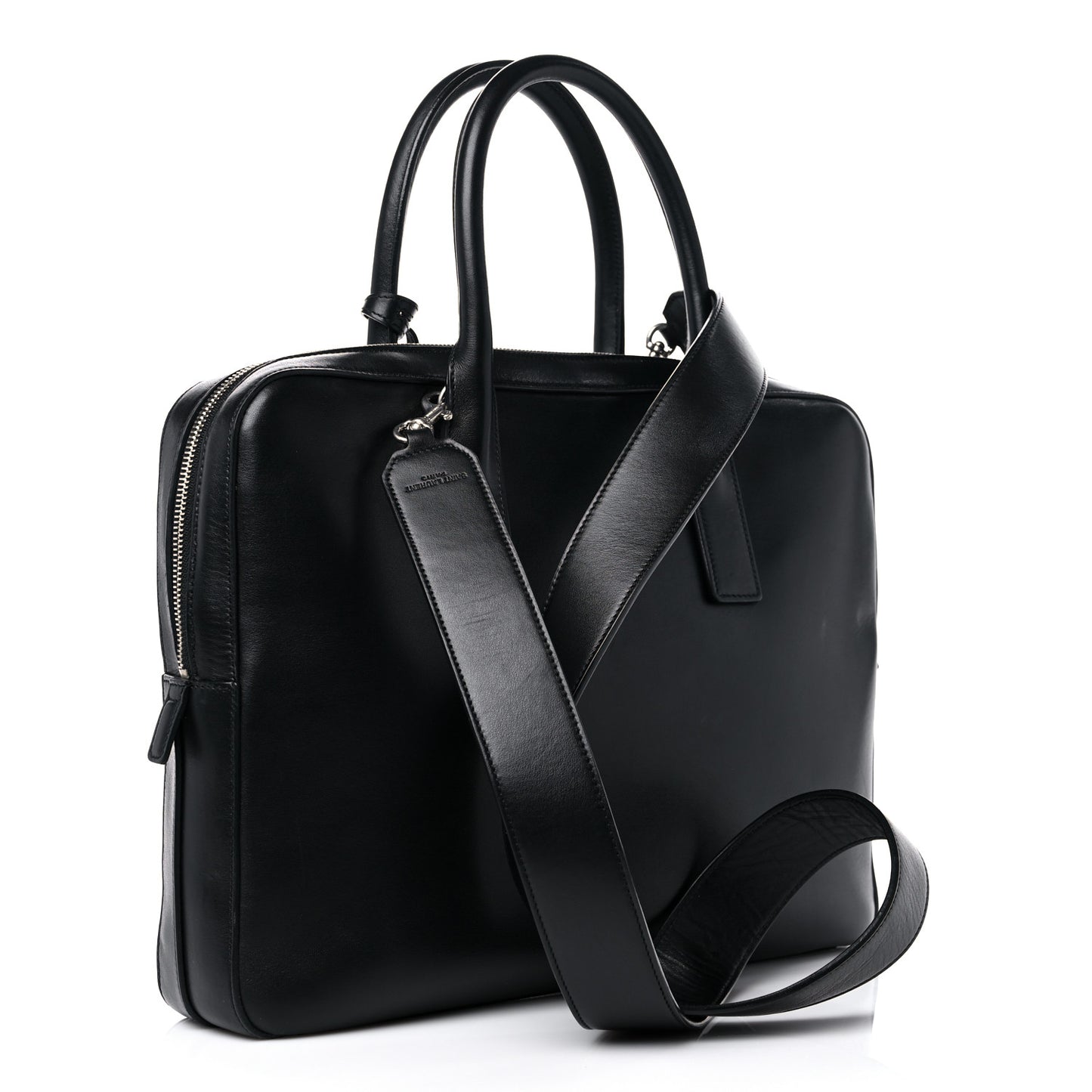 Calfskin Patch Embellished Museum Flat Briefcase Black