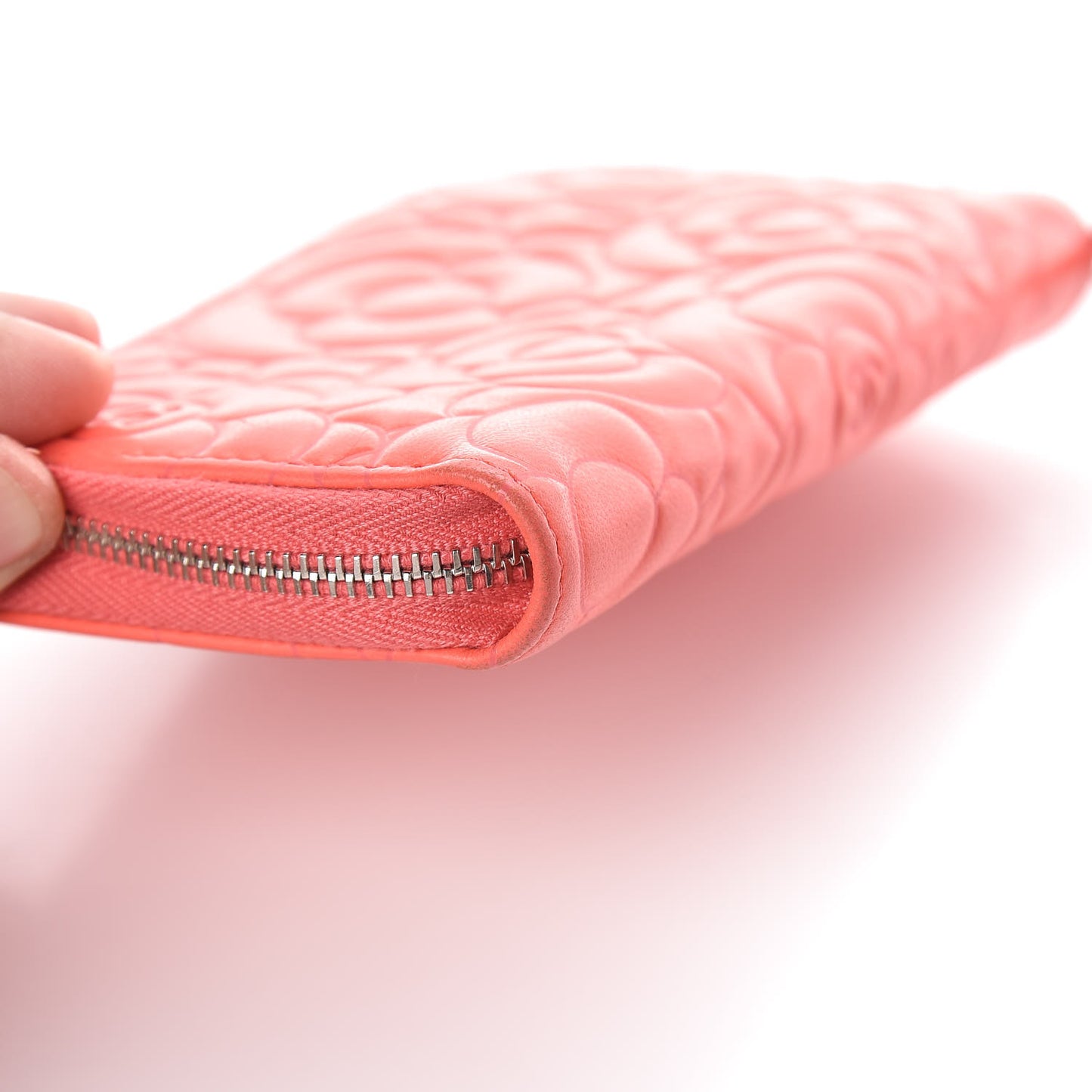 Lambskin Camellia Embossed Small Zip Around Wallet Coral