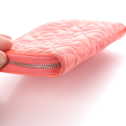 Chanel Lambskin Camellia Embossed Small Zip Around Wallet Coral 11 of 13