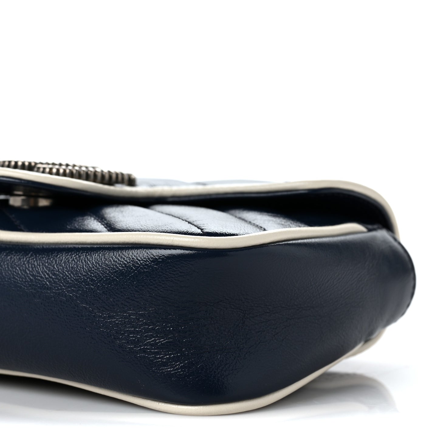 Vintage Effect Calfskin Matelasse Diagonal Super Mini Torchon GG Marmont Shoulder Bag Blue Agata Mystic White