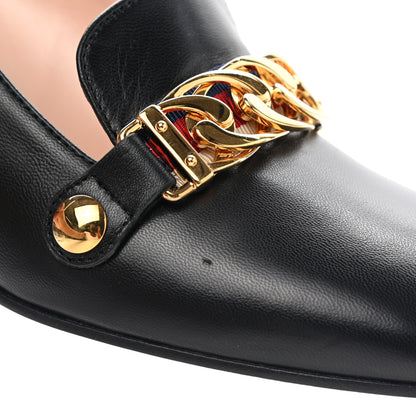 Gucci Malaga Kid Sylvie Web Chain Mid Heel Loafers 35.5 Black 12 of 14