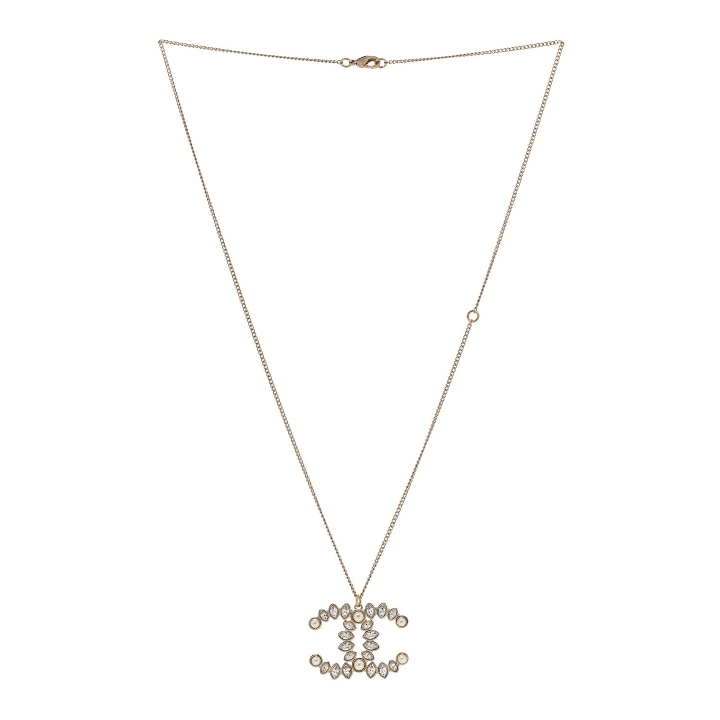 Pearl Crystal CC Pendant Necklace Gold