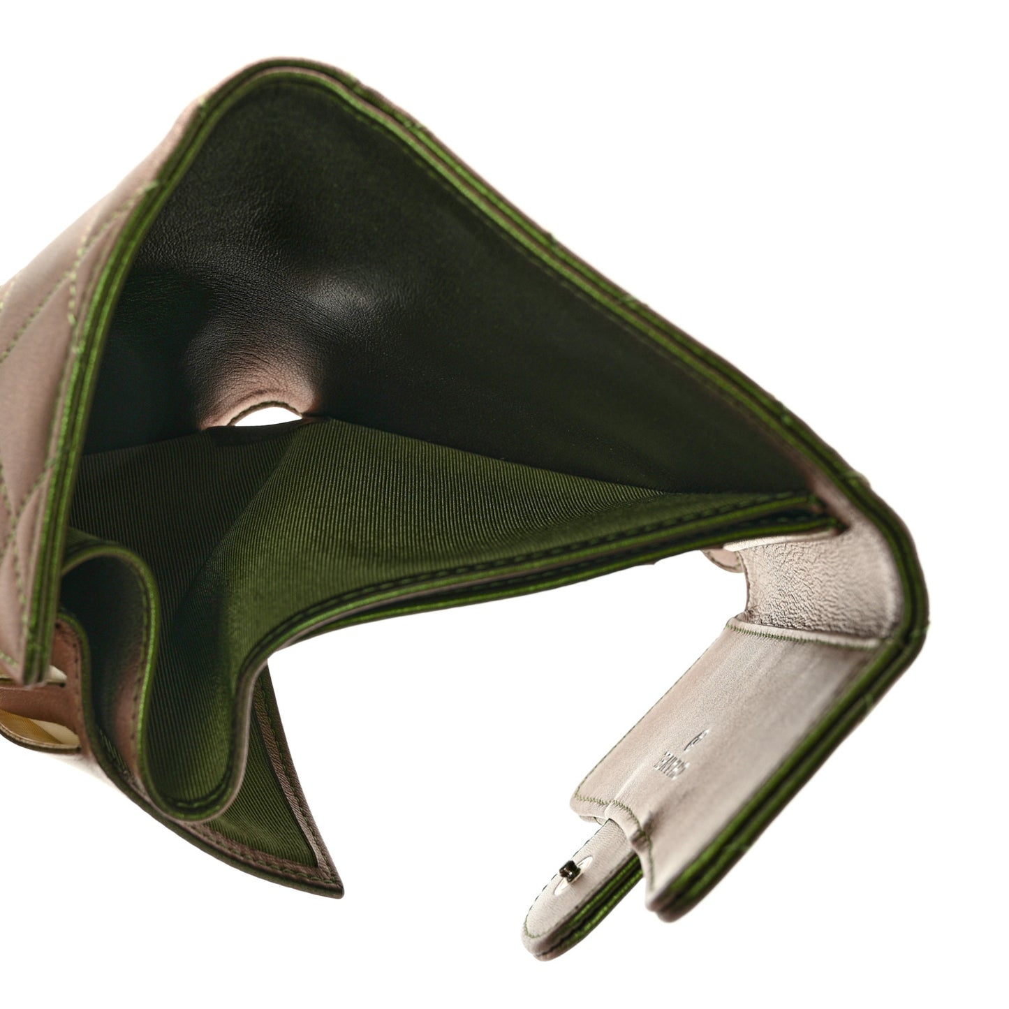 Iridescent Lambskin Quilted Small Compact Wallet Green