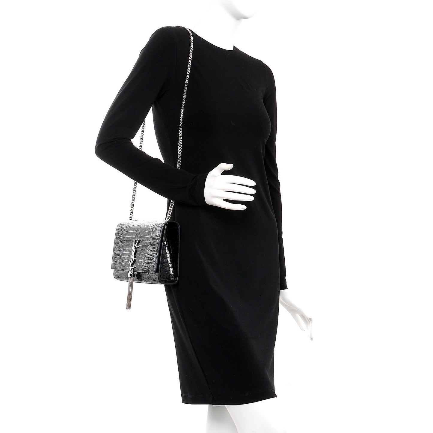Calfskin Crocodile Embossed Medium Classic Monogram Kate Tassel Satchel Black