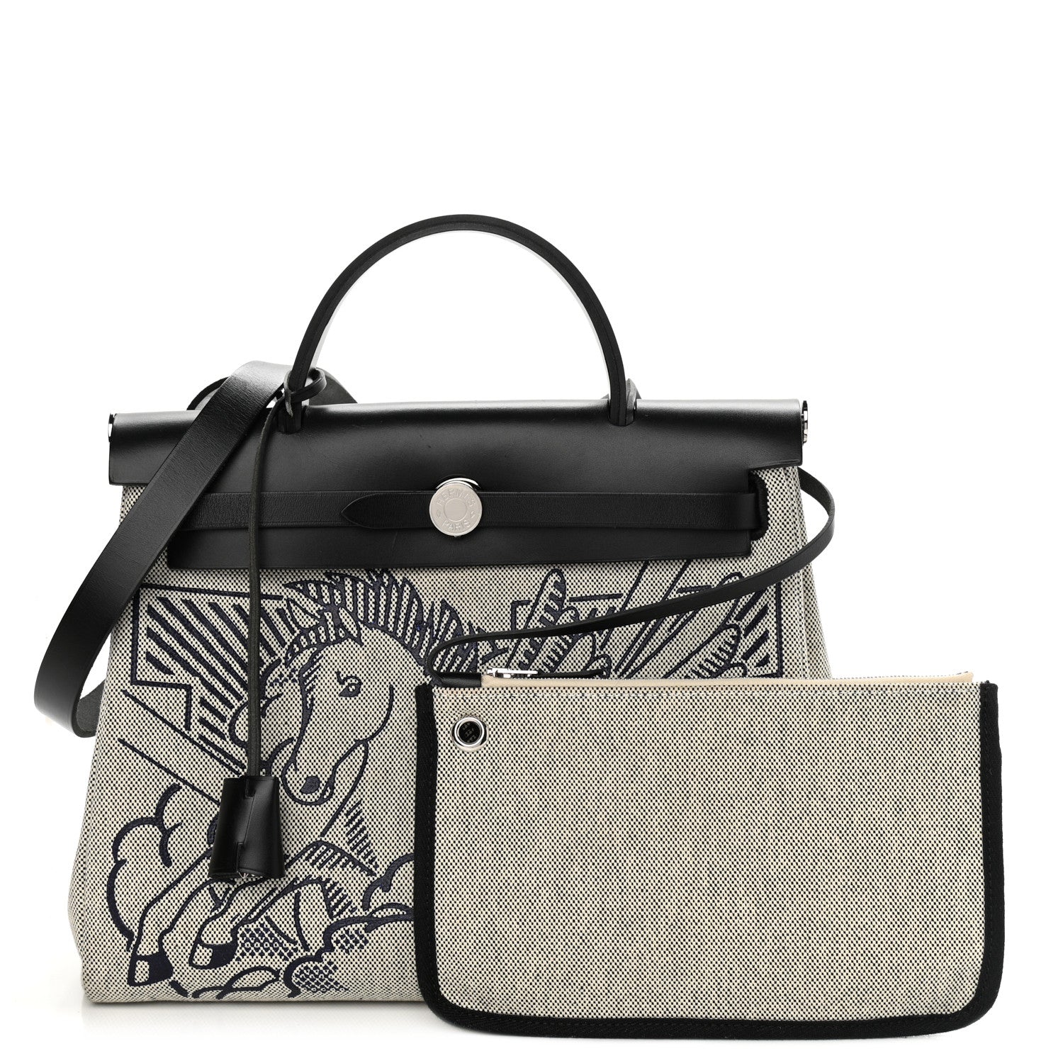 Hermes Vache Hunter Toile H Pegase Pop Herbag Zip Retourne 31 PM Bleu Indigo Ecru Black 1 of 16