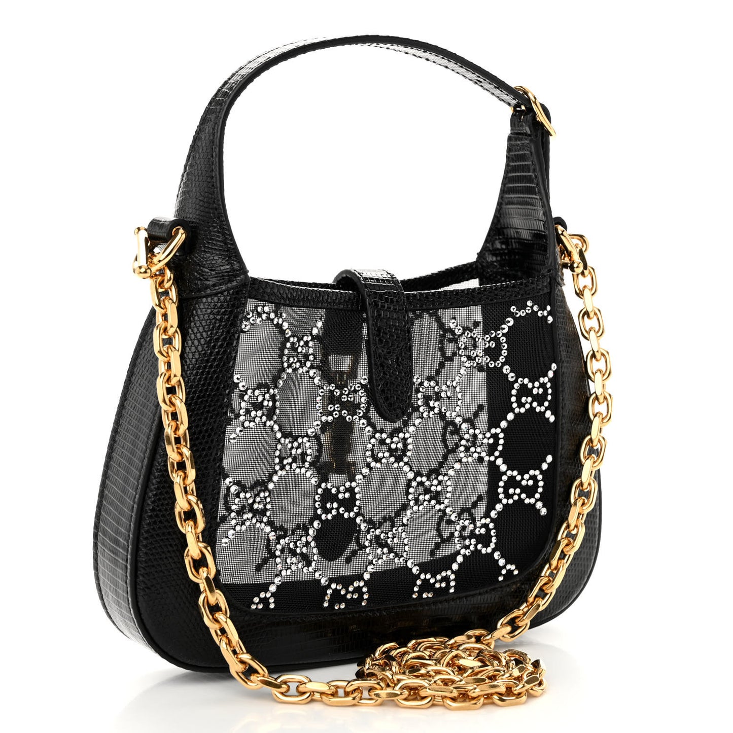 Lizard Mesh Crystal GG Monogram Mini Jackie 1961 Hobo Black