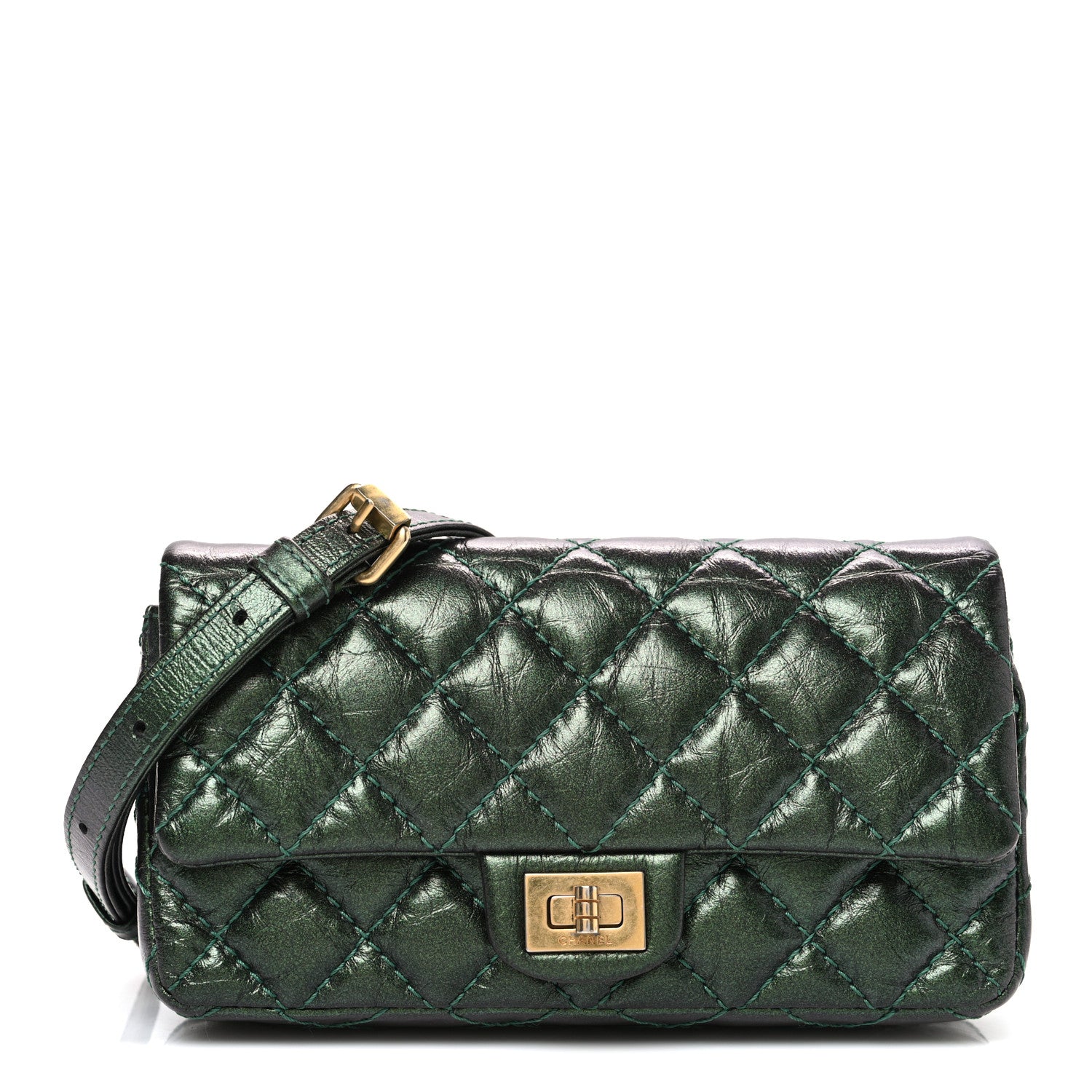Chanel Metallic Aged Calfskin Quilted 2.55 Reissue Flap Belt Bag Clutch Green 1 of 10