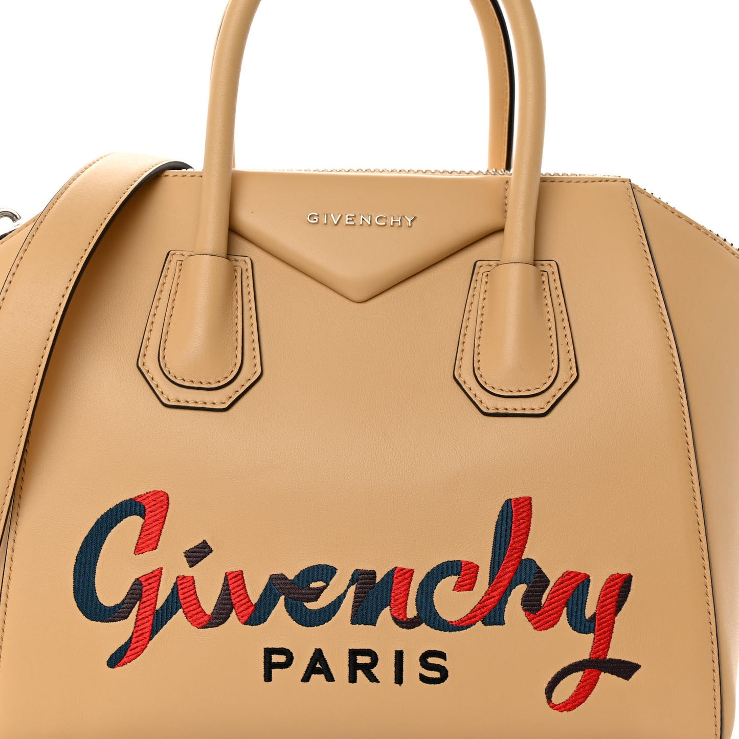 Calfskin Embroidered Logo Small Antigona Beige Camel