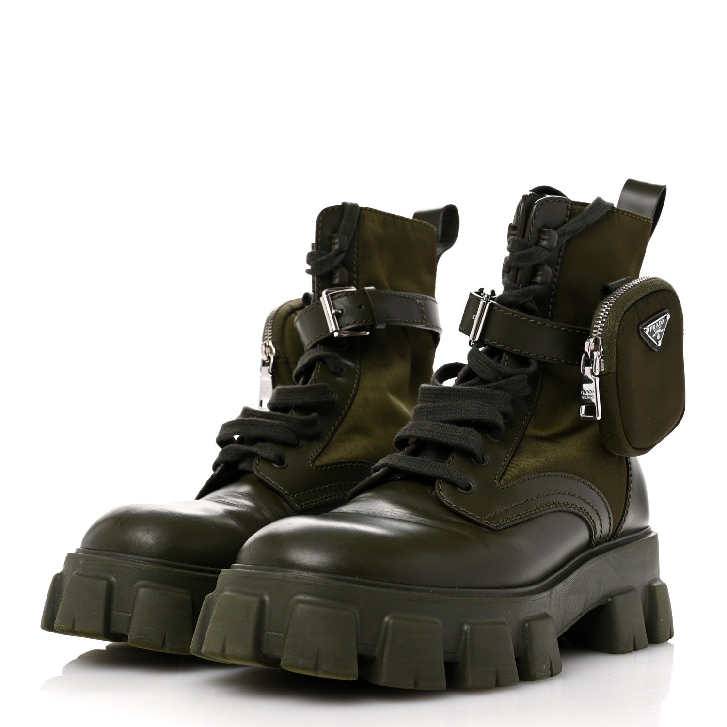 Prada Spazzolato Rois Re-Nylon Metal Triangle Logo Mens Monolith Pouch Pocket 55mm Boots 8 Militare 4 of 14