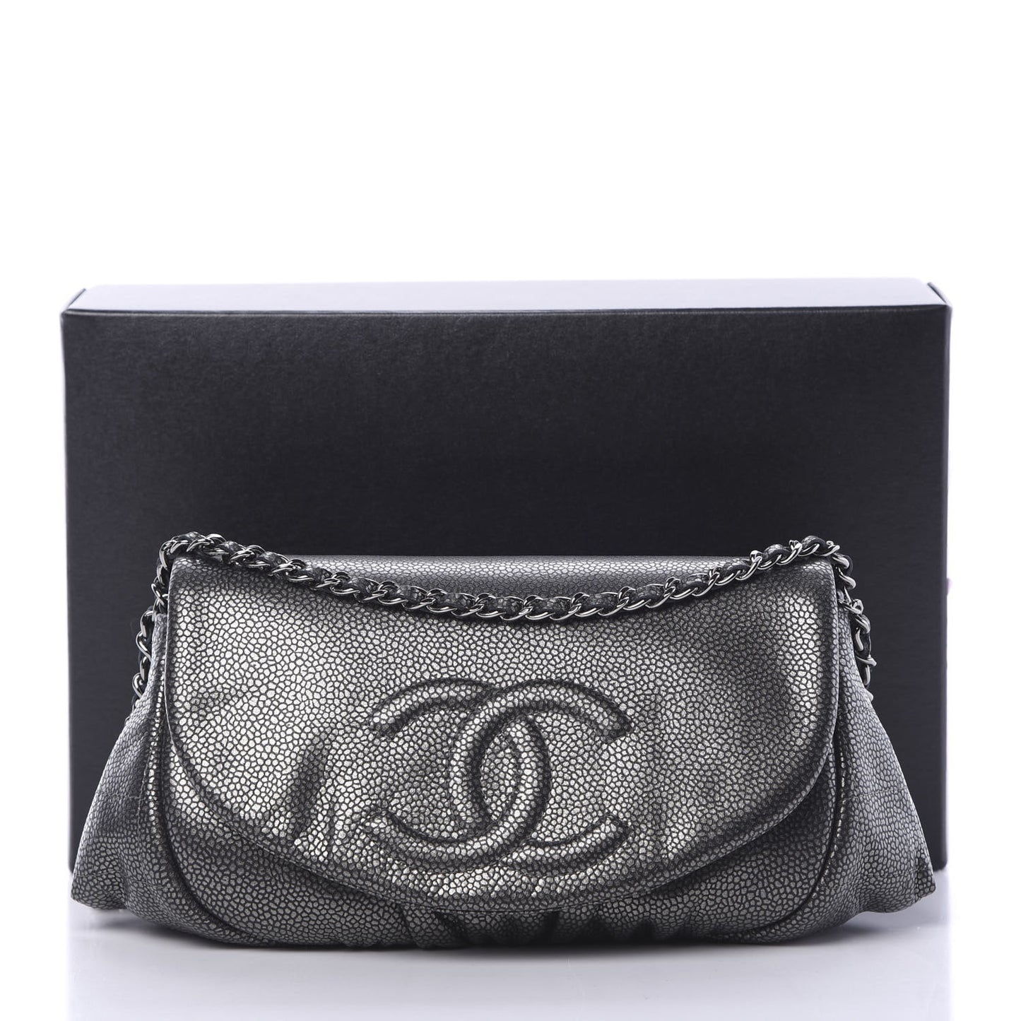 Metallic Caviar Half Moon Wallet On Chain WOC Dark Silver