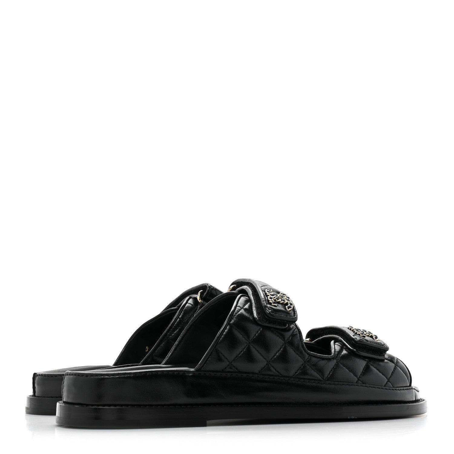 Chanel Lambskin Quilted Velcro Dad Chain CC Slide Sandals 38 Black 4 of 9