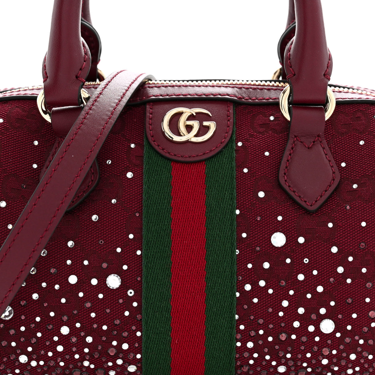 Gucci Crystal Canvas GG Monogram Textured Dollar Calfskin Web Mini Ophidia Top Handle Bowler Bag Rosso Ancora 8 of 11