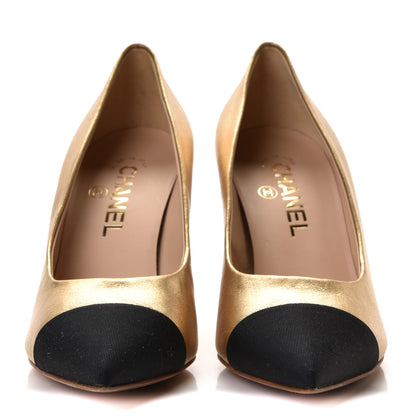 Chanel Laminated Lambskin Grosgrain Cap Toe CC Pumps 37.5 Gold Black 2 of 9