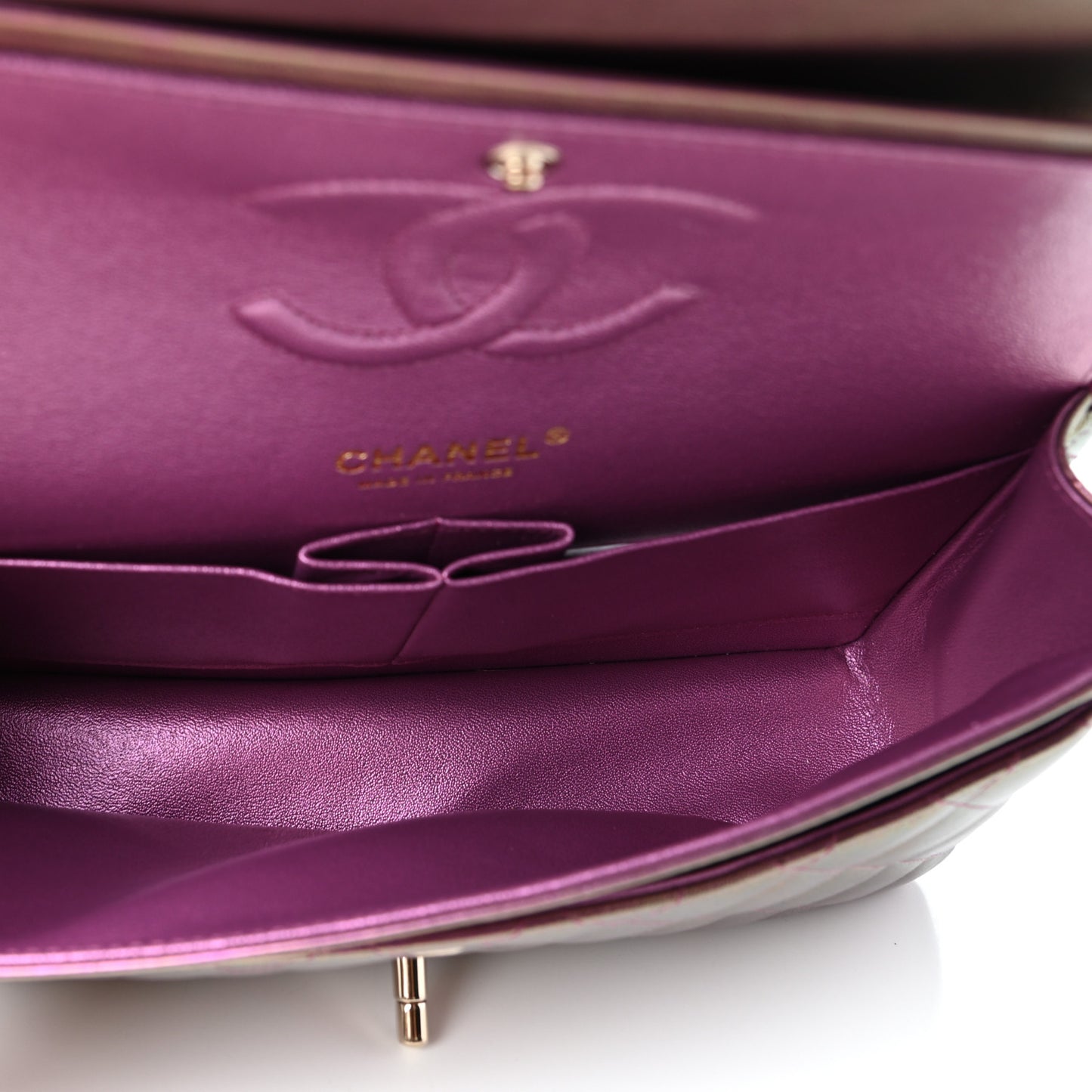 Iridescent Lambskin Quilted Medium Double Flap Purple